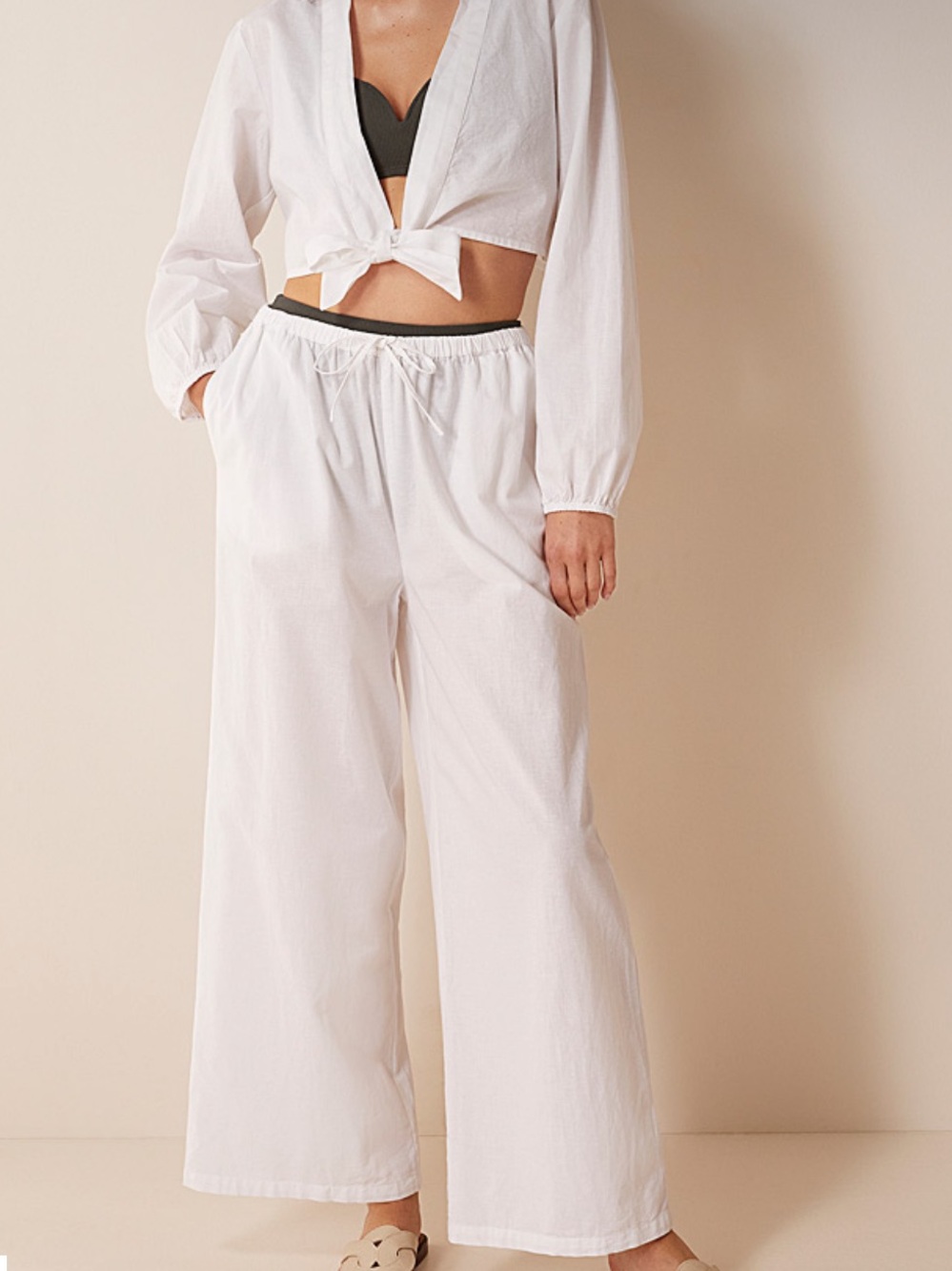 White wide-leg linen cotton blend pants